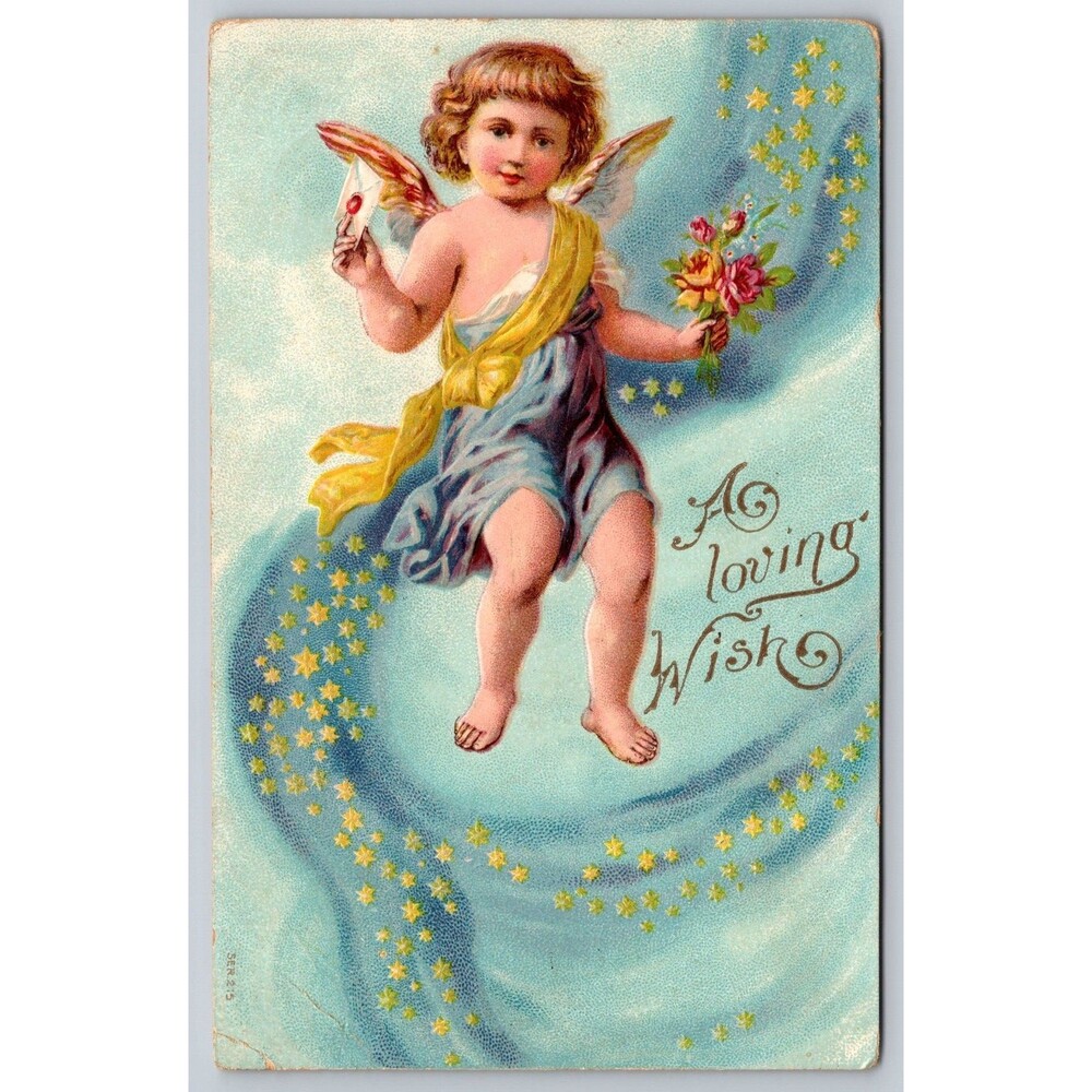 Antique 1909 Valentine Postcard A Loving Wish Embossed Cupid Stars Ser 215